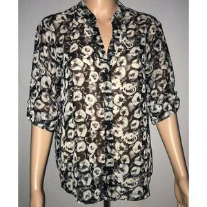 Pleione Womens Top Size M Black White Roses Short Sleeve Sheer Blouse Shirt